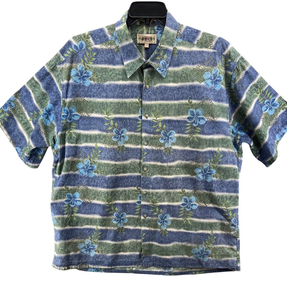 CAMPIA MODA Shirt Mens Sz L HAWAIIAN ALOHA Flowers Stripe Blue Green Cotton